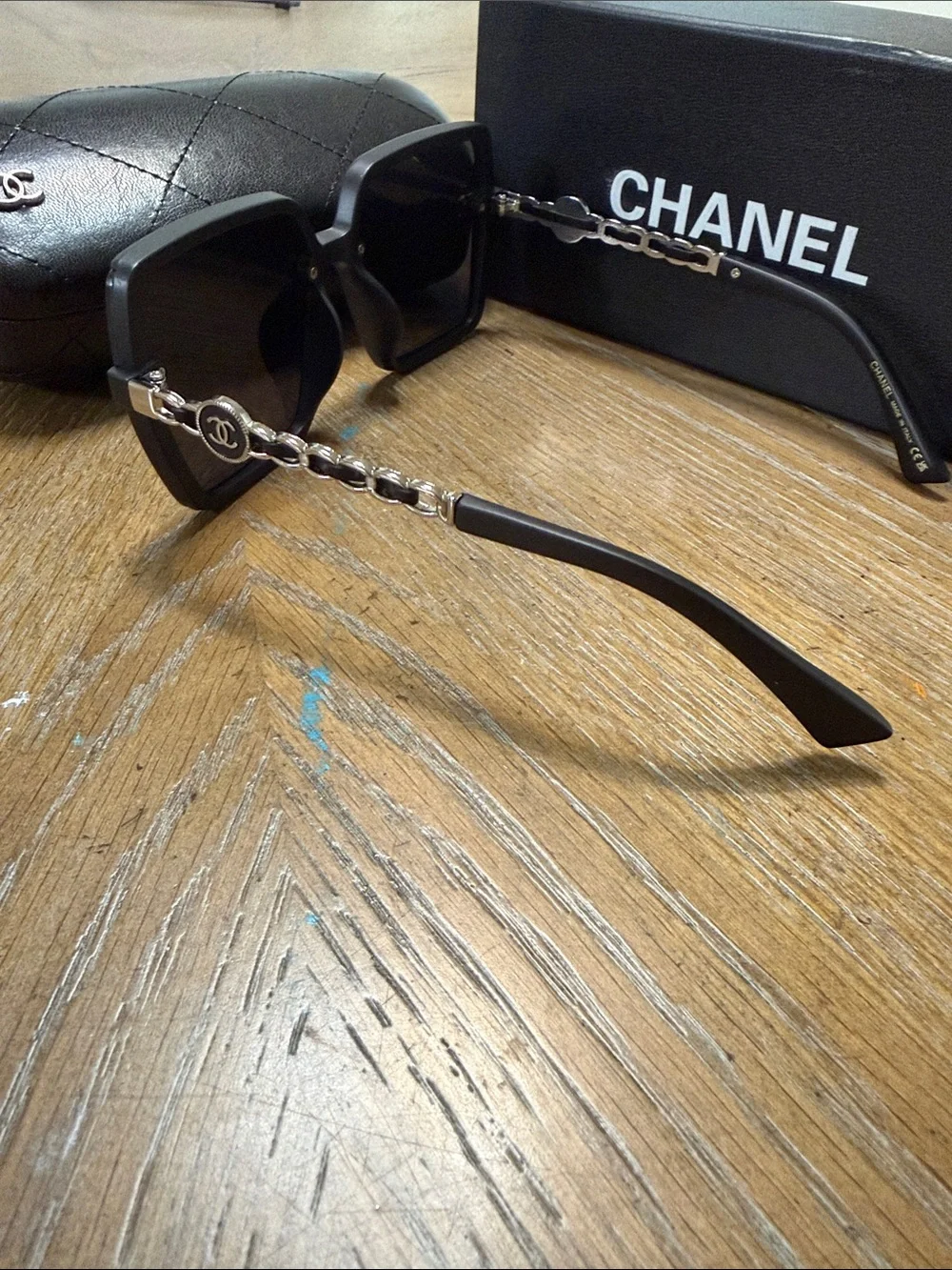CHANEL Oversized Black Square Sunglasses with Silver CC Accents